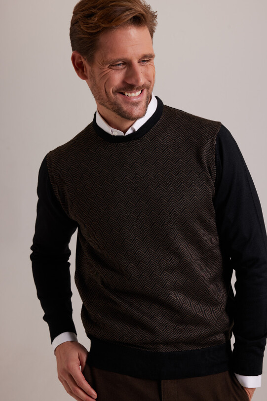 Erkek Siyah Kahve Bisiklet Yaka Desenli Triko