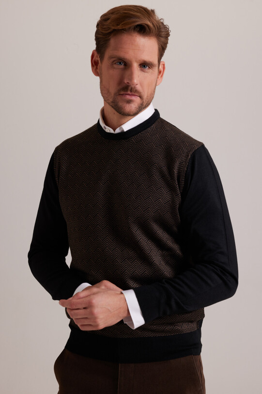 Erkek Siyah Kahve Bisiklet Yaka Desenli Triko