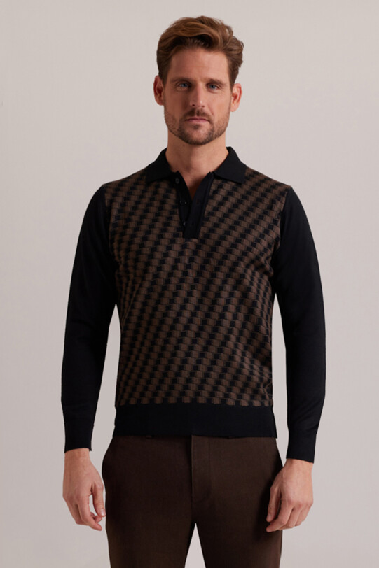 Erkek Siyah Kahve Polo Yaka Desenli Triko