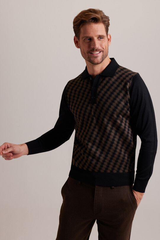 Erkek Siyah Kahve Polo Yaka Desenli Triko