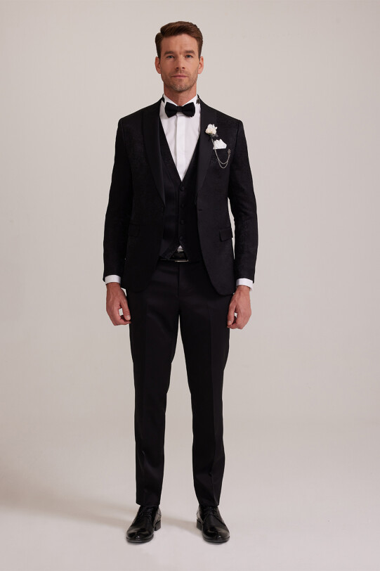 Erkek Siyah Kırlangıç Yaka Yelekli Desenli Slim Fit Damatlık