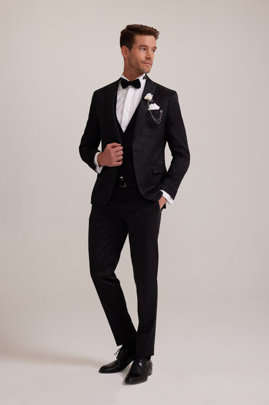 Erkek Siyah Kırlangıç Yaka Yelekli Desenli Slim Fit Damatlık