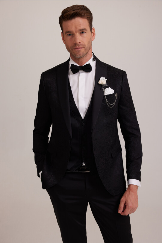 Erkek Siyah Kırlangıç Yaka Yelekli Desenli Slim Fit Damatlık