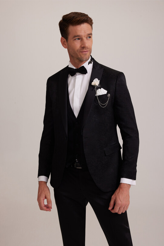 Erkek Siyah Kırlangıç Yaka Yelekli Desenli Slim Fit Damatlık