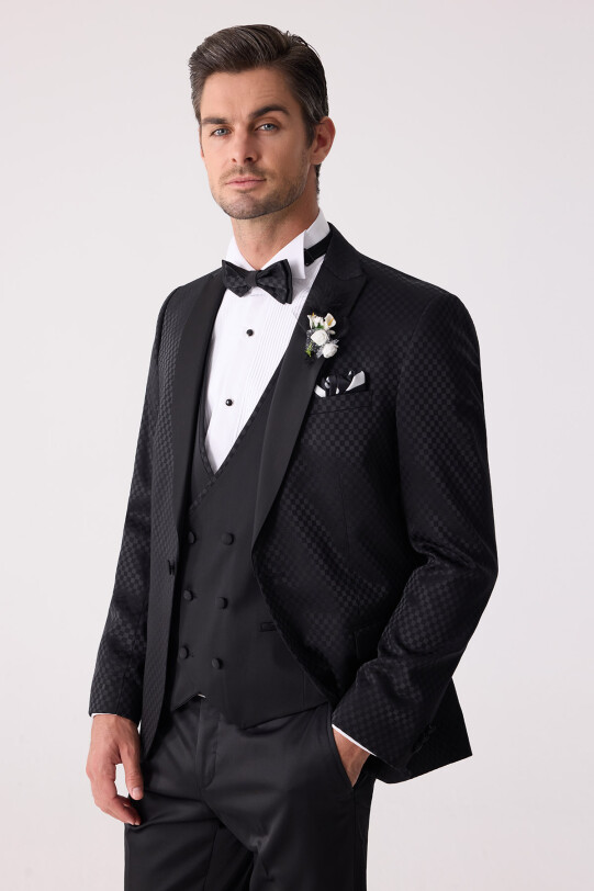 Erkek Siyah Kırlangıç Yaka Yelekli Desenli Slim Fit Damatlık
