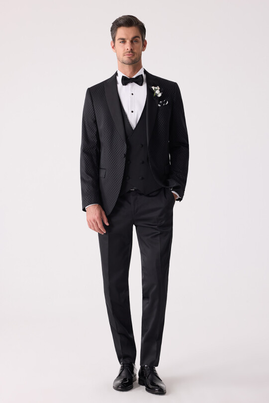 Erkek Siyah Kırlangıç Yaka Yelekli Desenli Slim Fit Damatlık