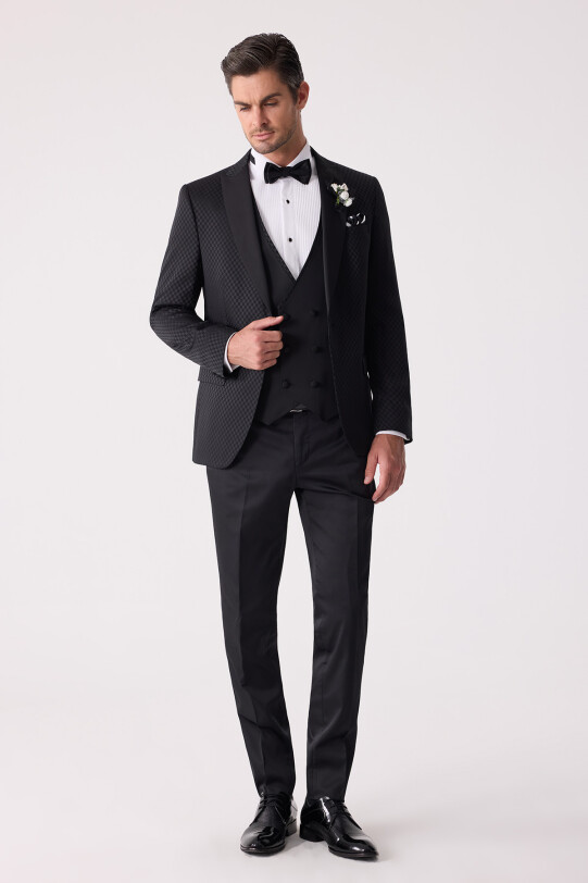 Erkek Siyah Kırlangıç Yaka Yelekli Desenli Slim Fit Damatlık
