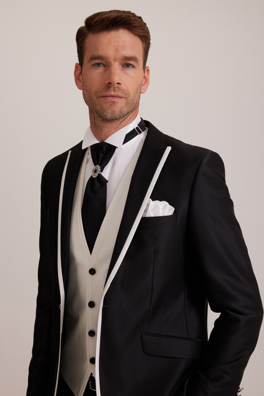 Erkek Siyah Kırlangıç Yaka Yelekli Desenli Slim Fit Damatlık