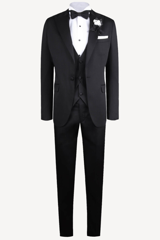 Erkek Siyah Kırlangıç Yaka Yelekli Slim Fit Desenli Damatlık