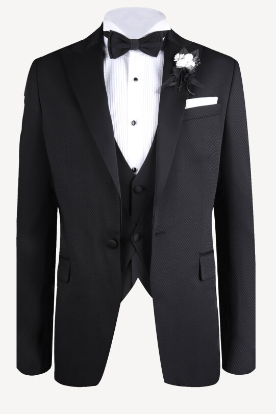 Erkek Siyah Kırlangıç Yaka Yelekli Slim Fit Desenli Damatlık