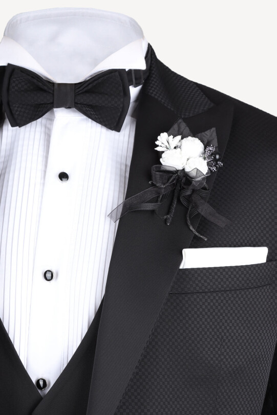 Erkek Siyah Kırlangıç Yaka Yelekli Slim Fit Desenli Damatlık