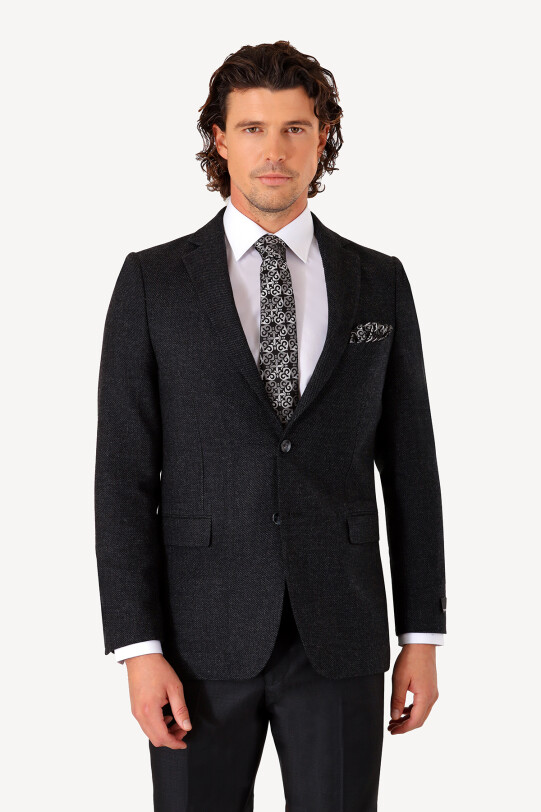 Erkek Siyah Kışlık Yünlü Regular Fit Desenli Tek Ceket
