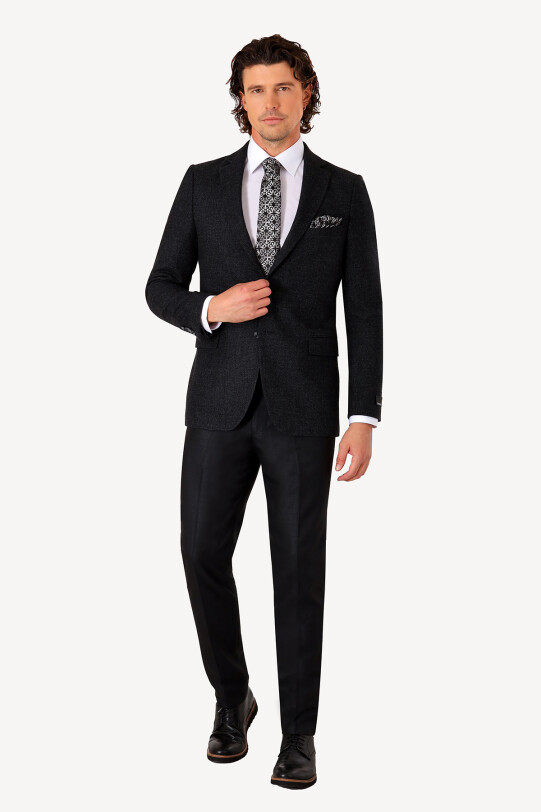 Erkek Siyah Kışlık Yünlü Regular Fit Desenli Tek Ceket