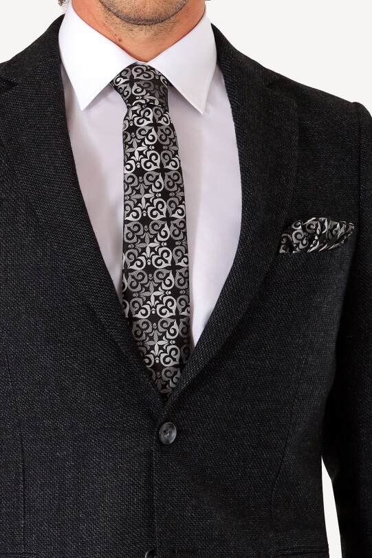 Erkek Siyah Kışlık Yünlü Regular Fit Desenli Tek Ceket