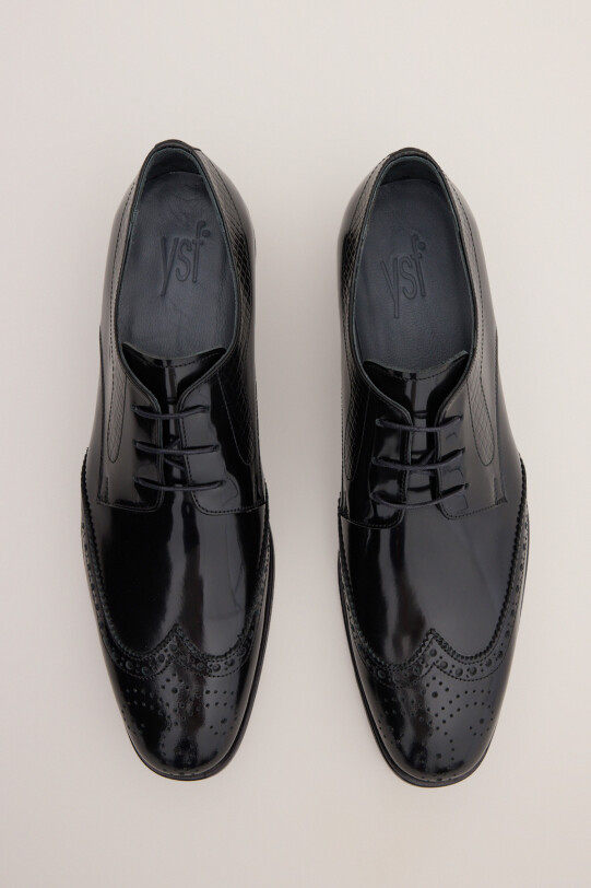 Erkek Siyah Klasik Bağcıklı Desenli Rugan Ayakkabı