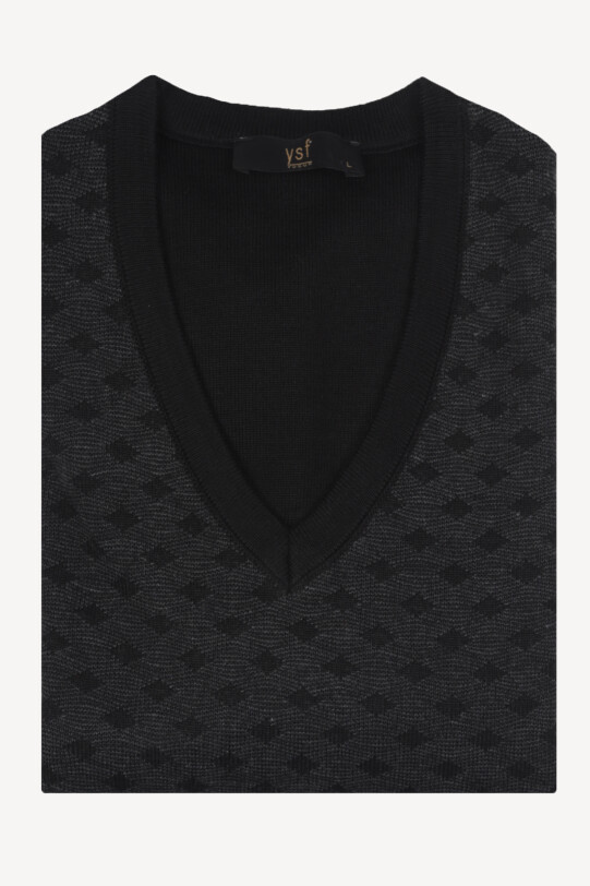 Erkek Siyah Klasik Desenli Yünlü V Yaka Triko