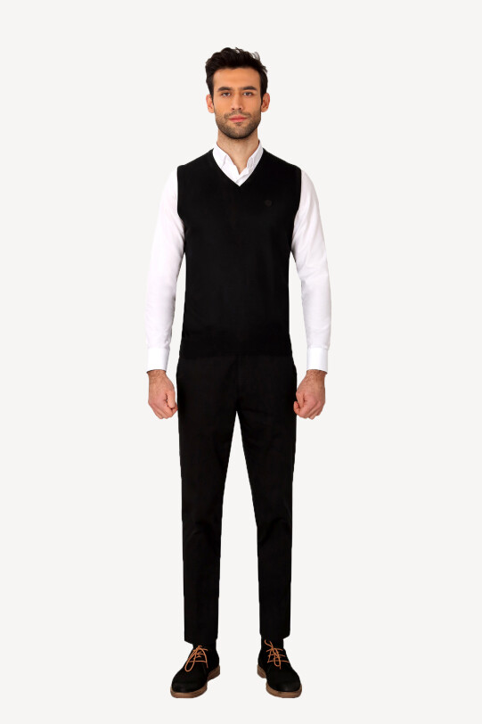 Erkek Siyah Klasik Yünlü V yaka Triko Süveter