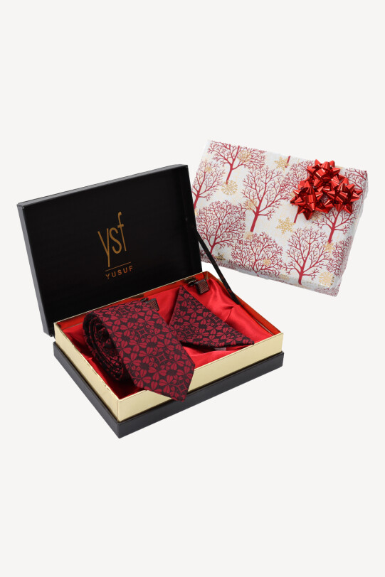 Erkek Siyah Kravat Mendil Kol Düğmesi Set - YSF (1)