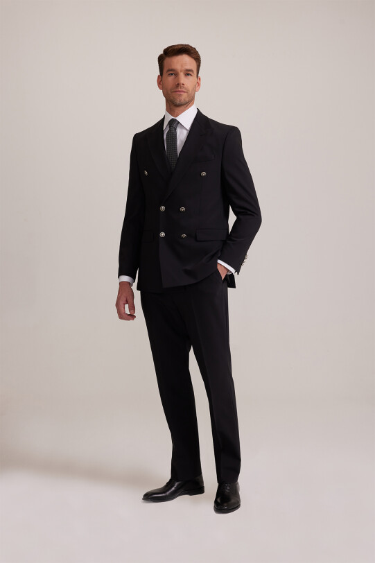 Erkek Siyah Kruvaze Çift Yırtmaç Takım Elbise