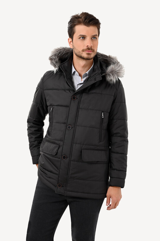 Erkek Siyah Kürklü Yaka Kaban