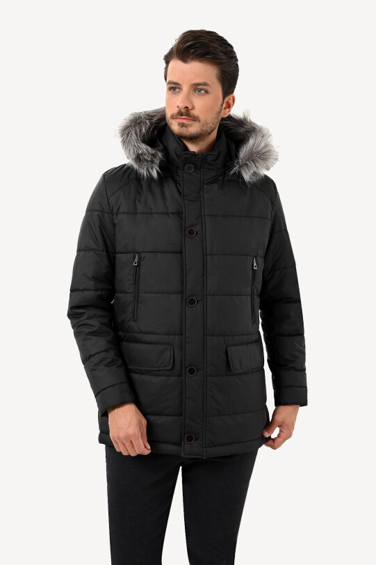 Erkek Siyah Kürklü Yaka Kaban