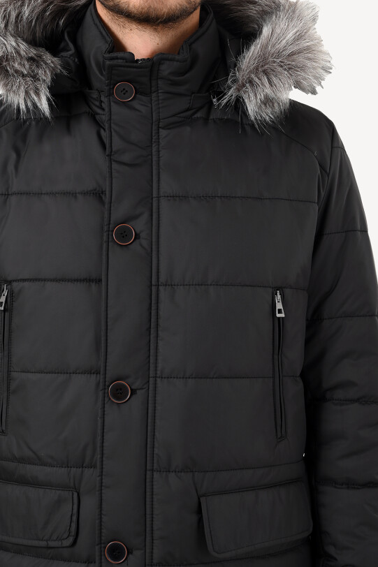 Erkek Siyah Kürklü Yaka Kaban