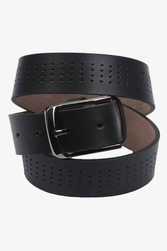 Erkek Siyah Nokta Desen Spor Deri Kemer