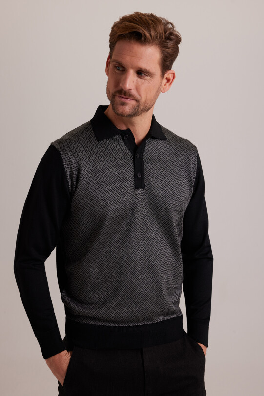 Erkek Siyah Polo Yaka Desenli Triko