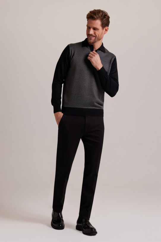 Erkek Siyah Polo Yaka Desenli Triko