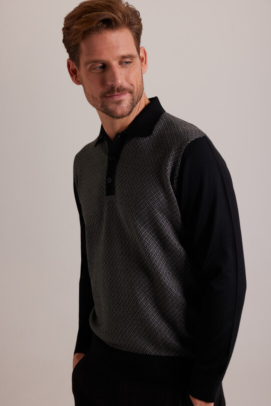 Erkek Siyah Polo Yaka Desenli Triko