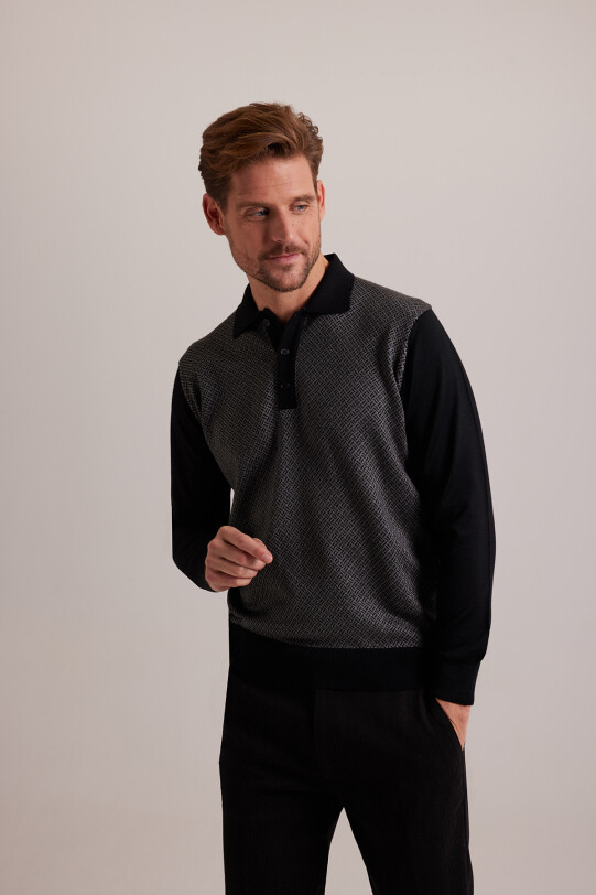 Erkek Siyah Polo Yaka Desenli Triko