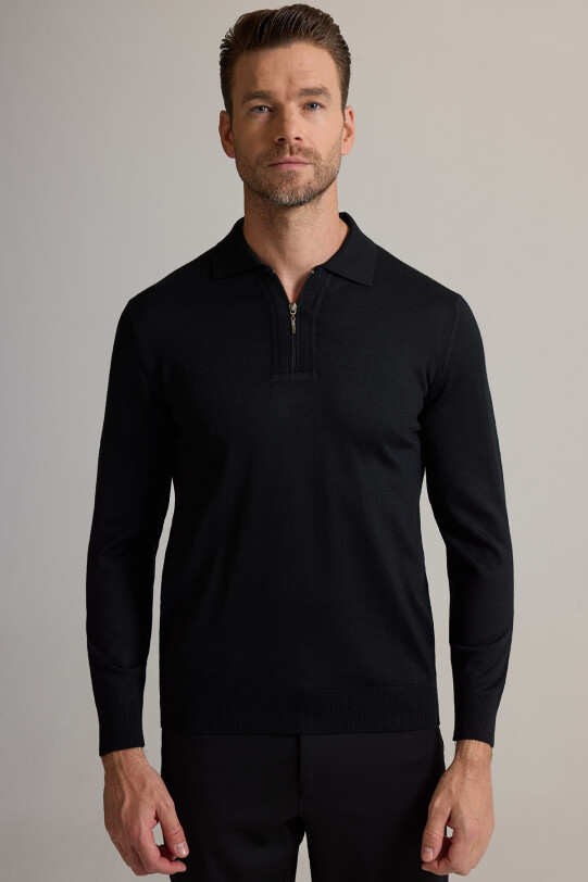 Erkek Siyah Polo Yaka Fermuarlı Triko
