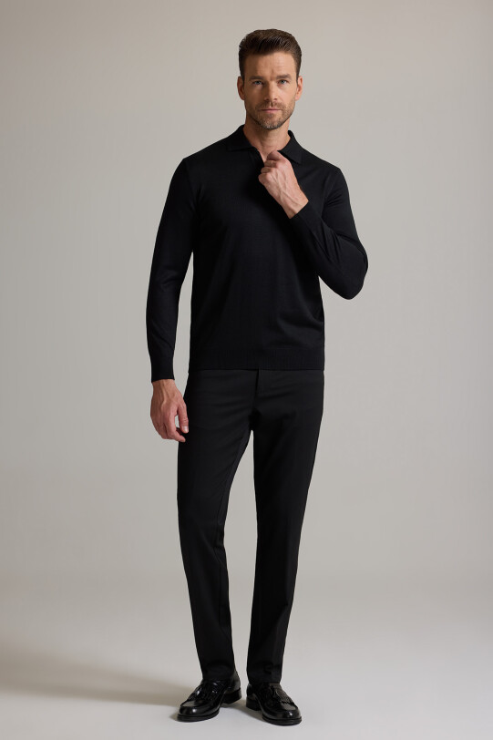 Erkek Siyah Polo Yaka Fermuarlı Triko