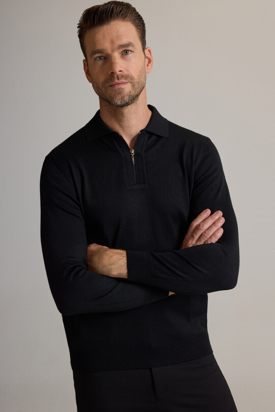 Erkek Siyah Polo Yaka Fermuarlı Triko