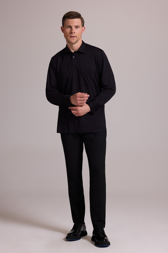 Erkek Siyah Polo Yaka Sweatshirt