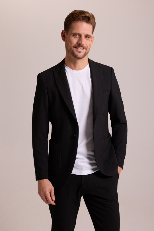 Erkek Siyah Regular Fit Beli Lastikli Mono Yaka Takım Elbise