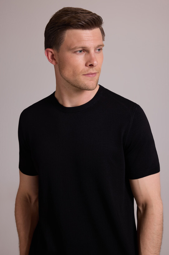 Erkek Siyah Regular Fit Bisiklet Yaka Triko Tişört