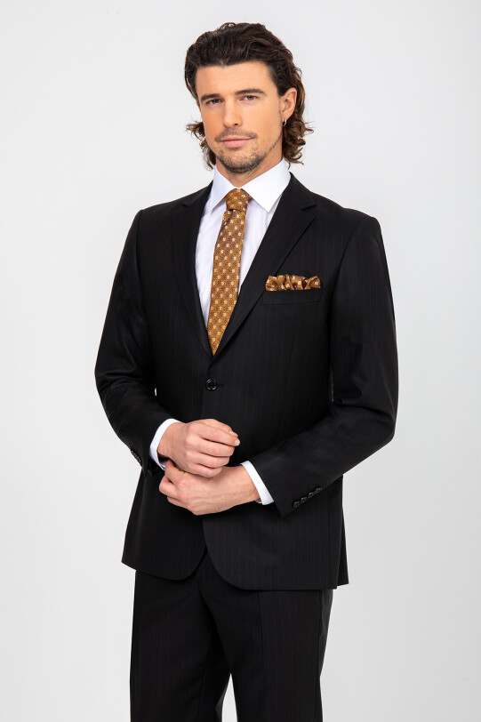 Erkek Siyah Regular Fit Çift Yırtmaç Takım Elbise