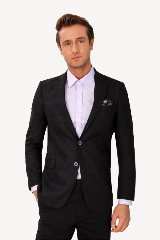 Erkek Siyah Regular Fit Desenli Ceket