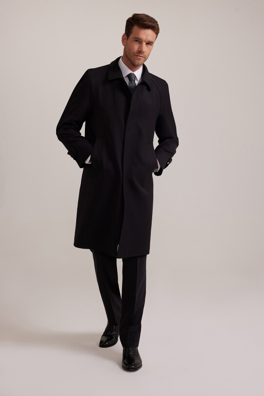 Erkek Siyah Regular Fit Gabardin Pardesü