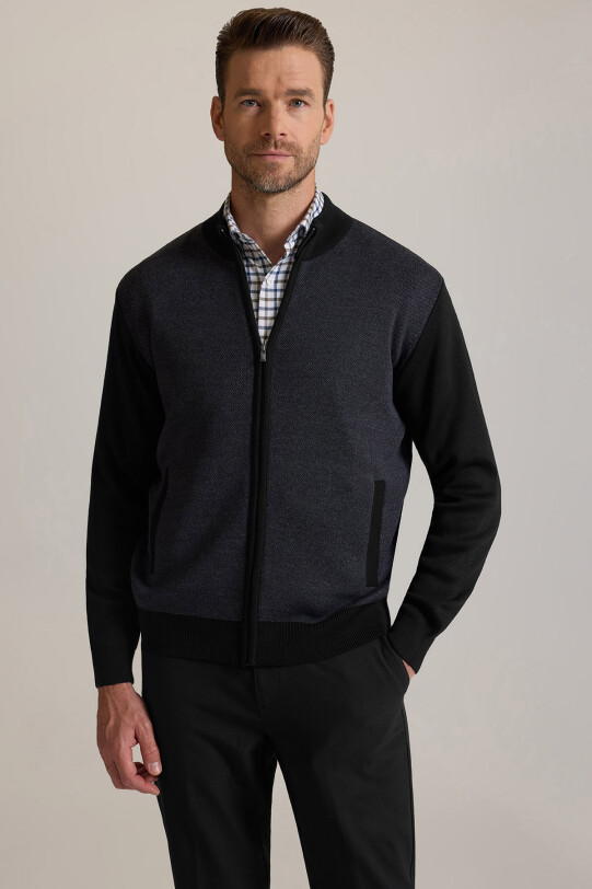 Erkek Siyah Regular Fit Hakim Yaka Fermuarlı Triko Hırka