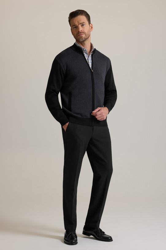 Erkek Siyah Regular Fit Hakim Yaka Fermuarlı Triko Hırka