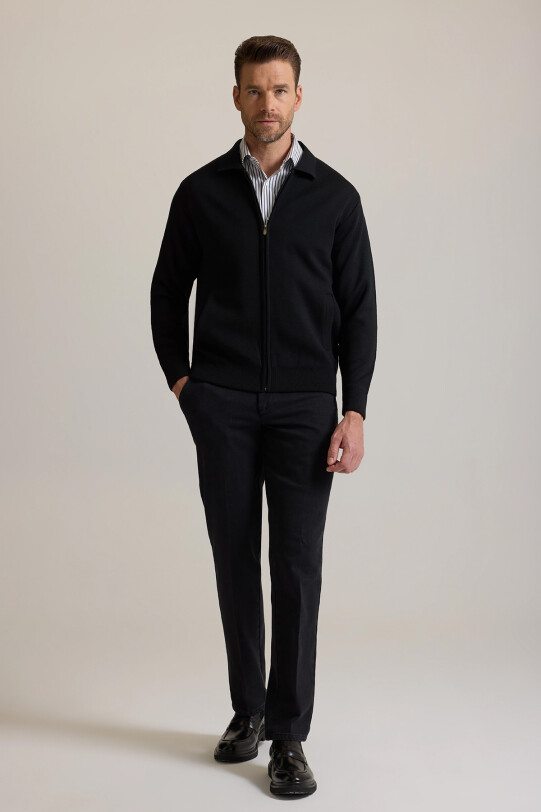 Erkek Siyah Regular Fit İçi Astarlı Fermuarlı Triko Hırka