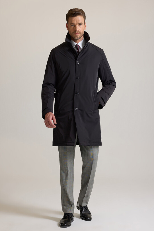 Erkek Siyah Regular Fit İçi Çıkmalı Kuşaklı Pardesü