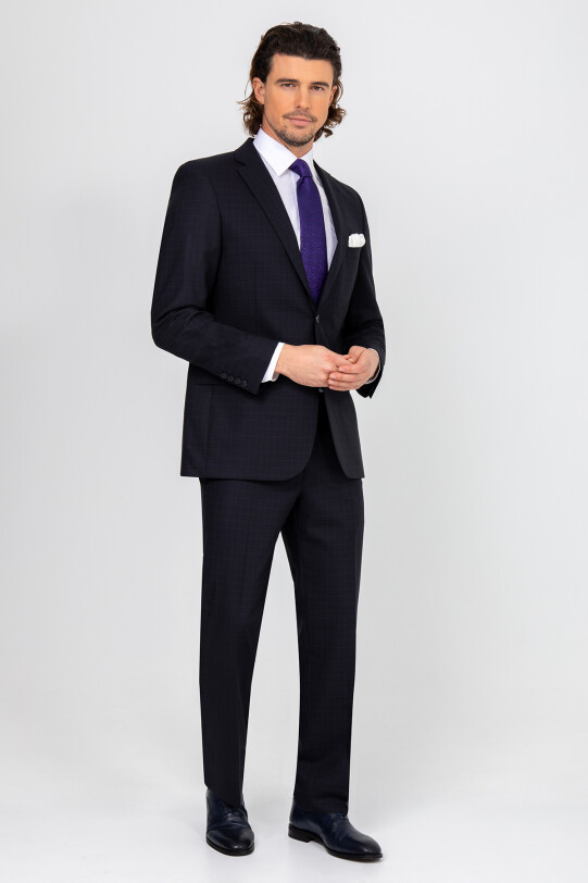 Erkek Siyah Regular Fit Kareli Takım Elbise