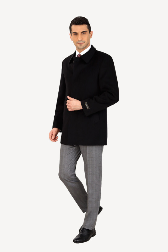 Erkek Siyah Regular Fit Kaşmir Kısa Kaban