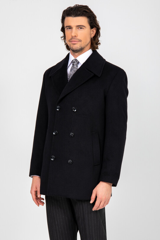 Erkek Siyah Regular Fit Kırlangıç Yaka Kaban