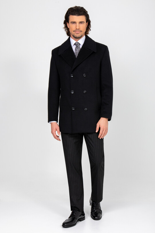 Erkek Siyah Regular Fit Kırlangıç Yaka Kaban