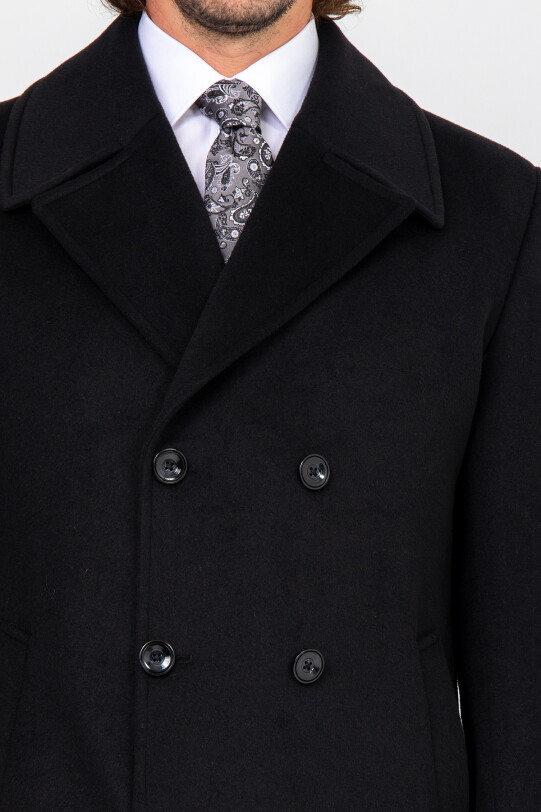 Erkek Siyah Regular Fit Kırlangıç Yaka Kaban