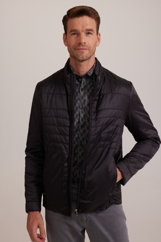 Erkek Siyah Regular Fit Kışlık Spor Gizli Kapüşon Mont